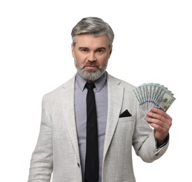 Photo of Banker with dollar banknotes on white background