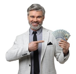 Photo of Banker with dollar banknotes on white background