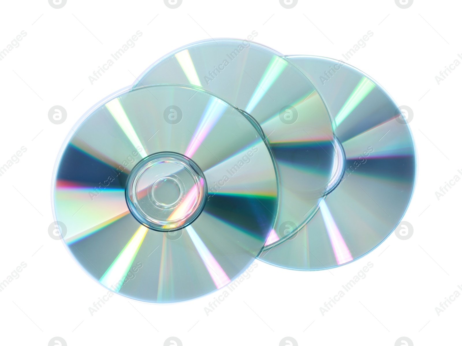 Photo of Shiny compact discs isolated on white, top view