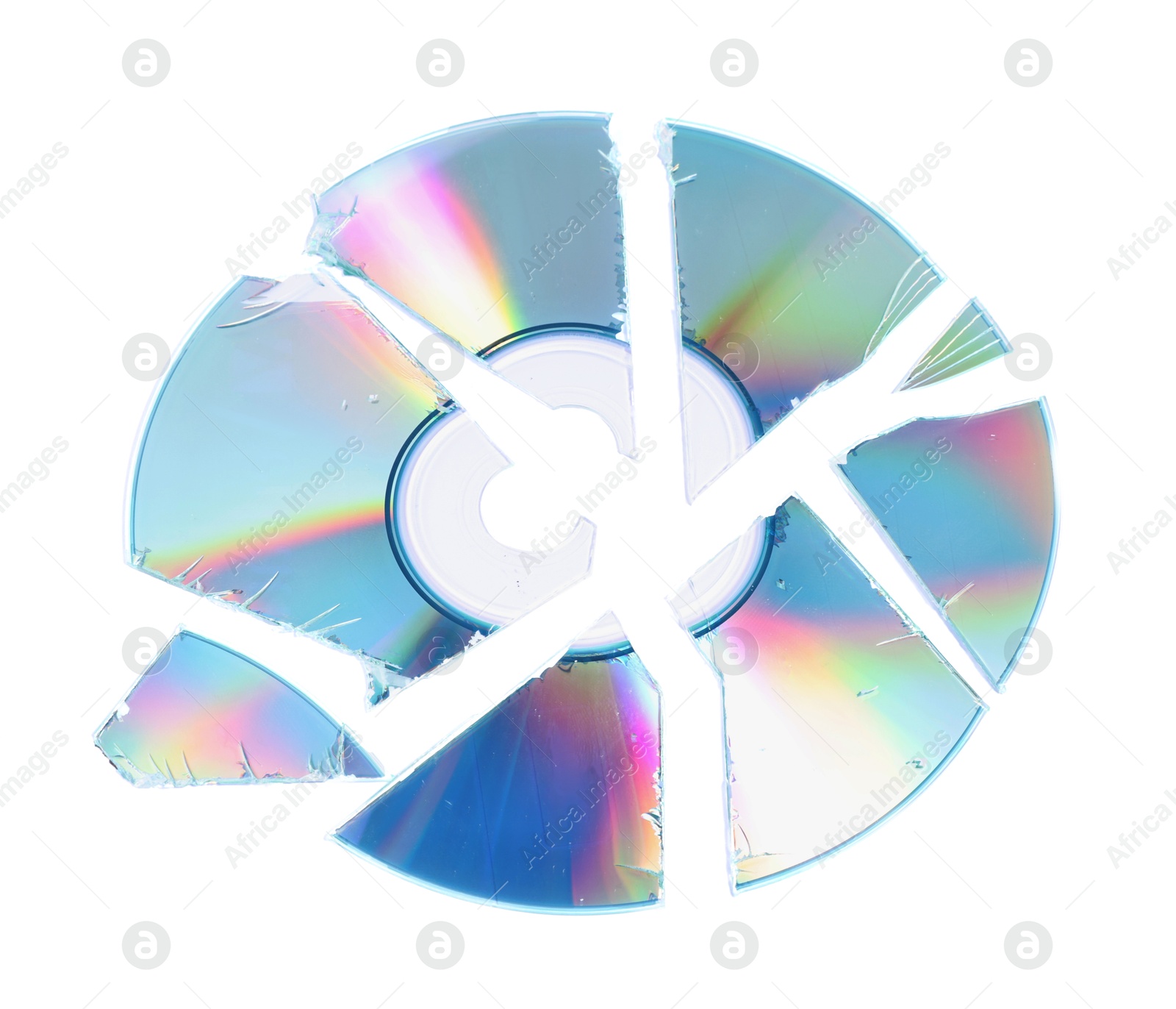 Photo of Broken compact disc isolated on white, above view