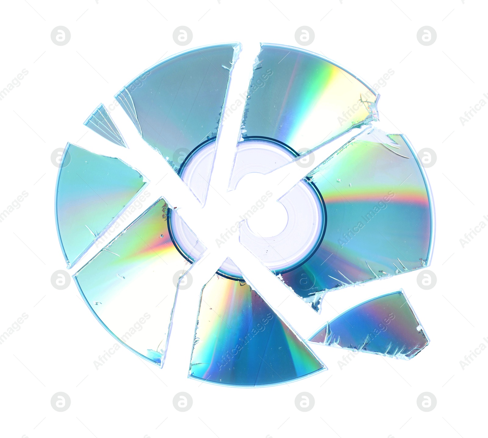 Photo of Broken compact disc isolated on white, top view