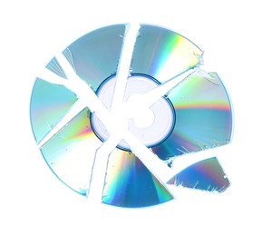 Photo of Broken compact disc isolated on white, top view