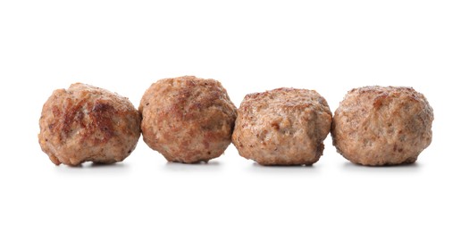 Photo of Group of tasty cooked meatballs isolated on white