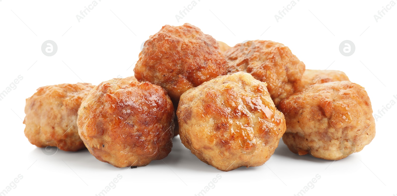 Photo of Pile of delicious meatballs isolated on white