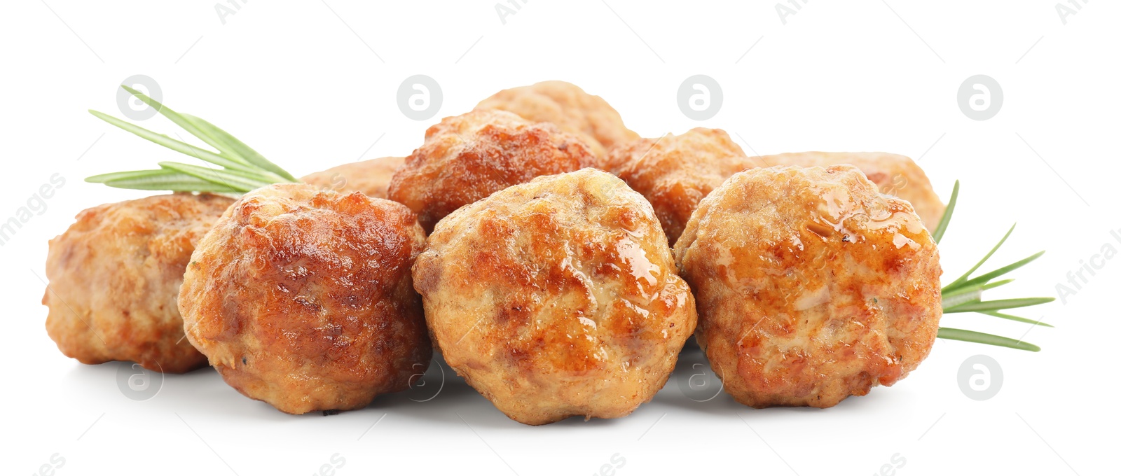 Photo of Pile of delicious meatballs and rosemary isolated on white