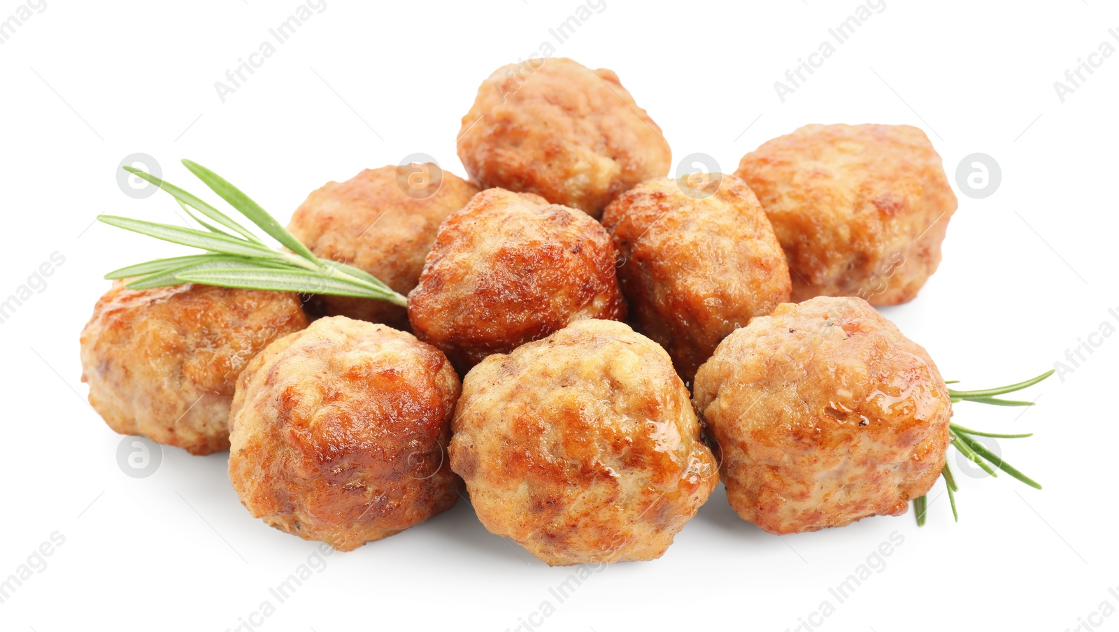 Photo of Pile of delicious meatballs and rosemary isolated on white