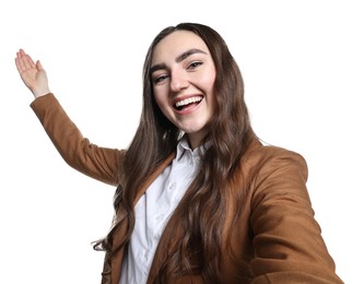 Photo of Happy businesswoman welcoming clients or partners on white background, view through front camera of gadget