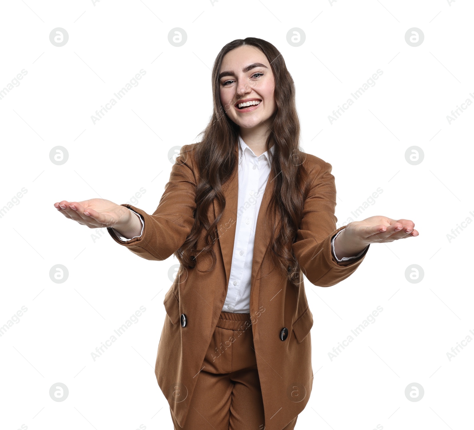 Photo of Happy businesswoman welcoming clients or partners on white background