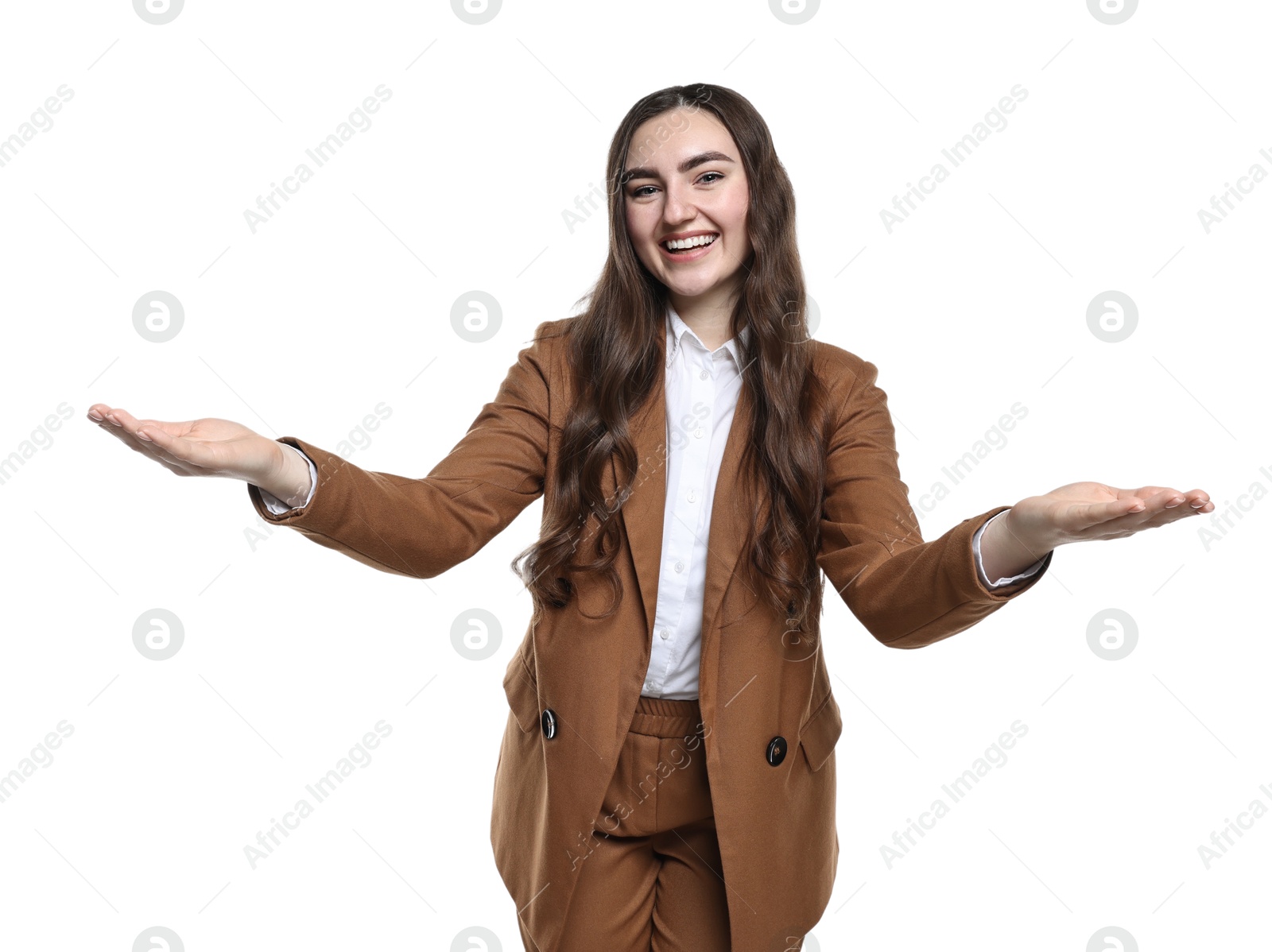 Photo of Happy businesswoman welcoming clients or partners on white background