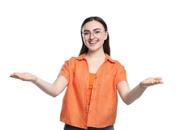 Photo of Happy woman welcoming friends or guests on white background