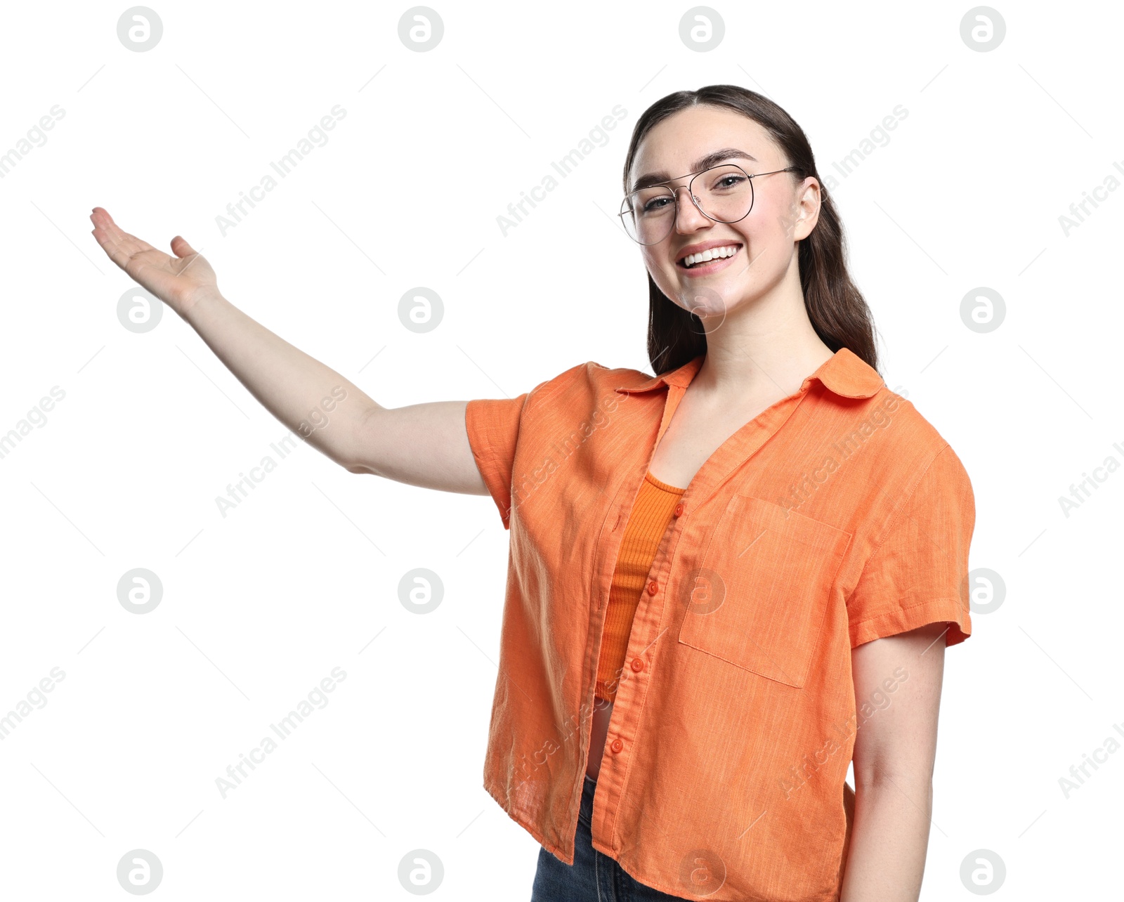 Photo of Happy woman welcoming friends or guests on white background