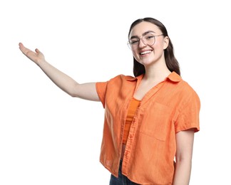 Photo of Happy woman welcoming friends or guests on white background