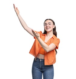 Photo of Happy woman welcoming friends or guests on white background