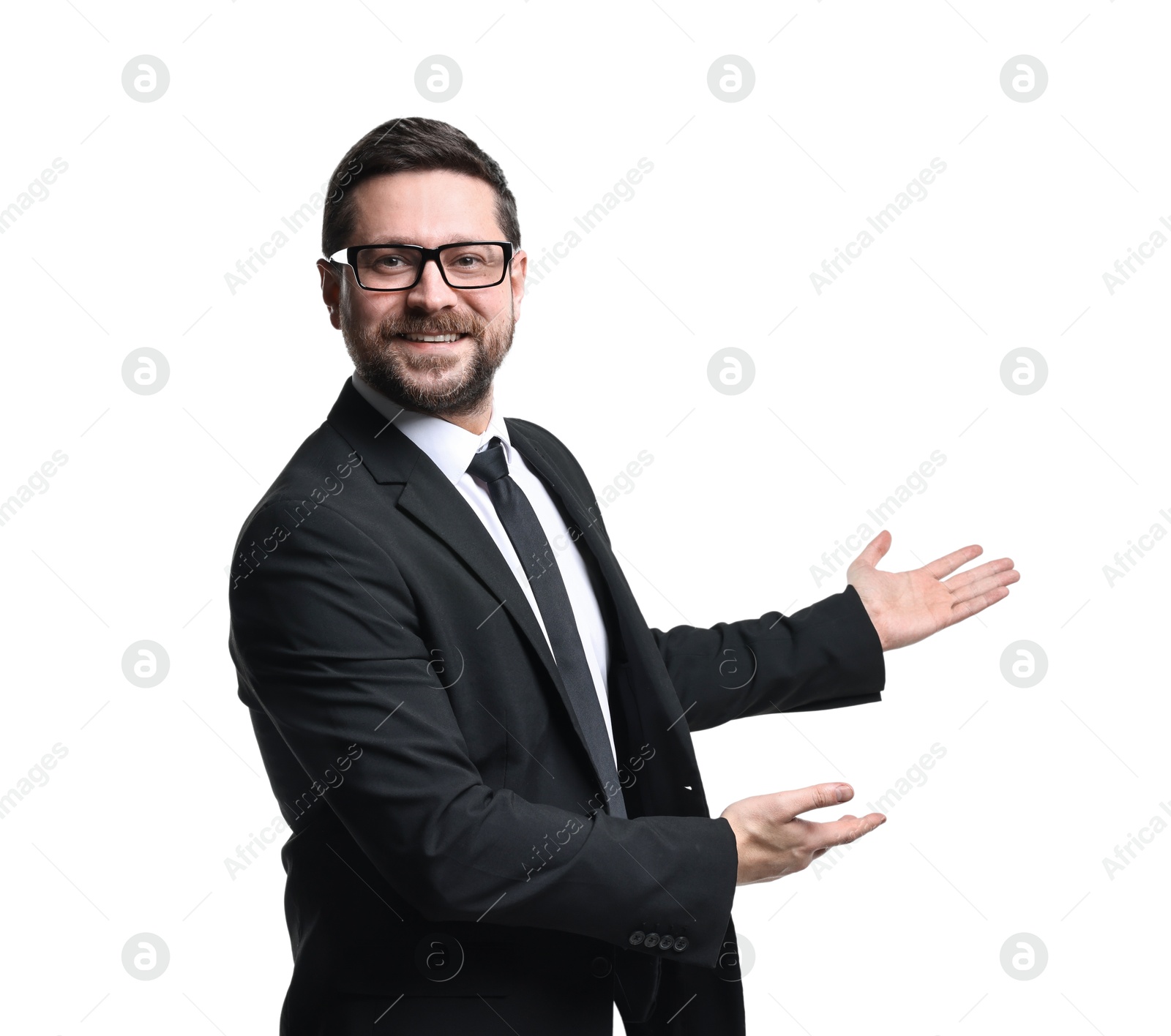 Photo of Happy businessman welcoming clients or partners on white background