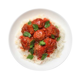 Photo of Delicious meatballs with rice, sauce and parsley isolated on white, top view