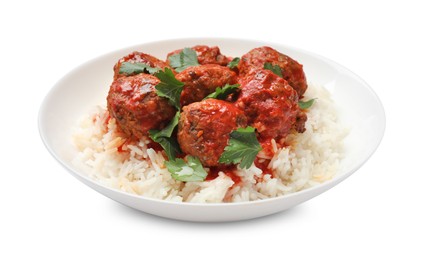 Photo of Delicious meatballs with rice, sauce and parsley isolated on white