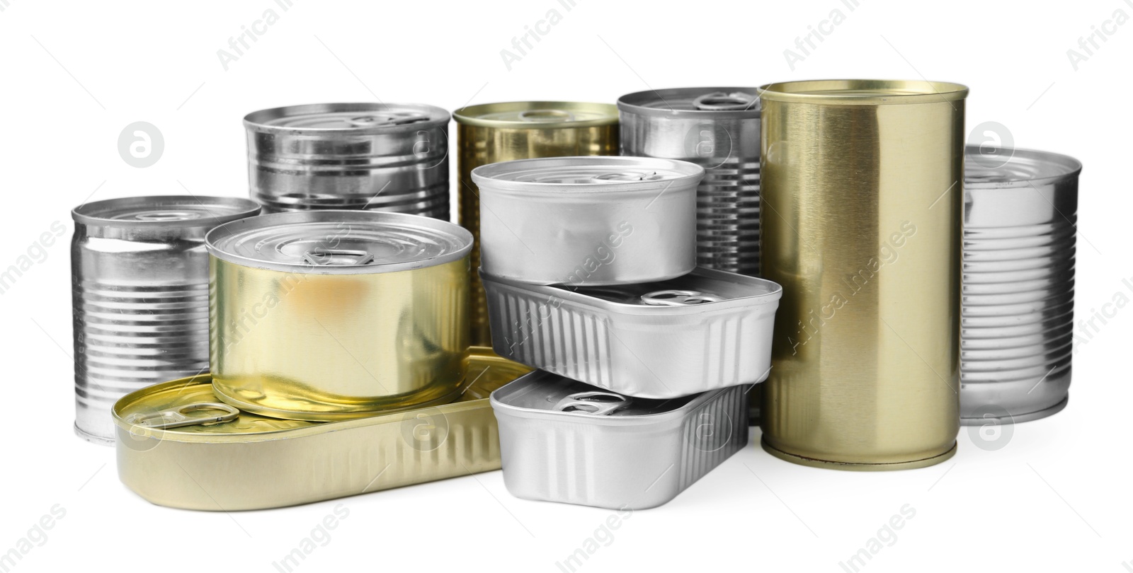 Photo of Many closed tin cans isolated on white