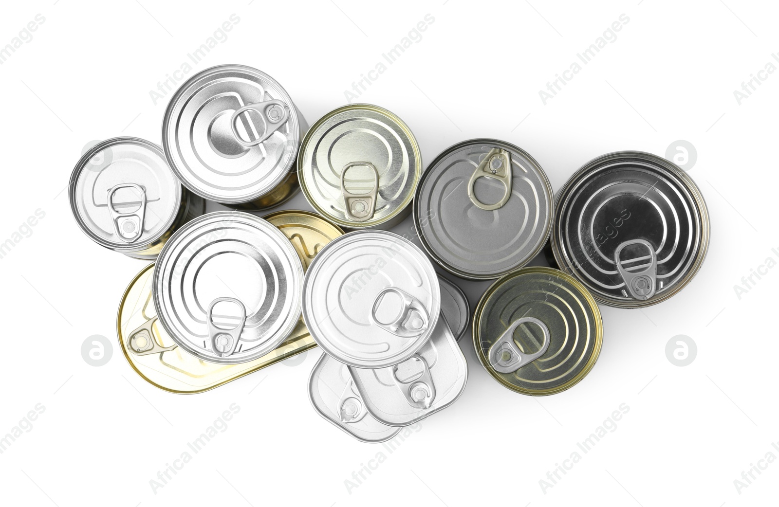 Photo of Many closed tin cans isolated on white, top view