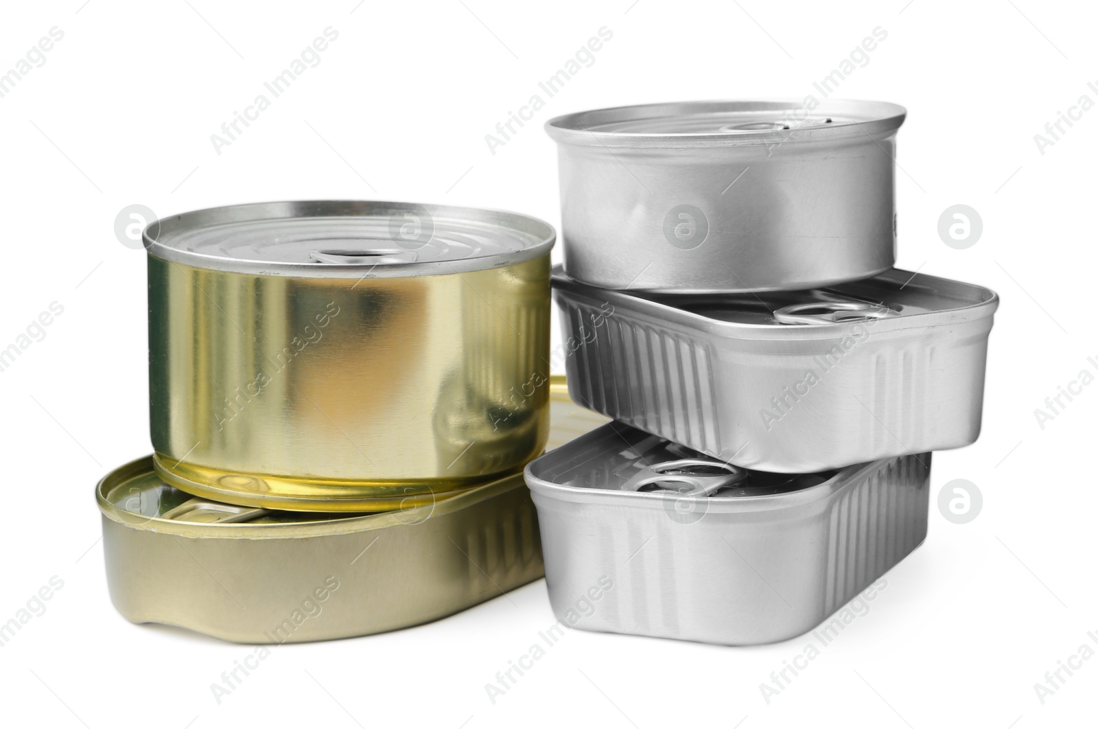 Photo of Many closed tin cans isolated on white