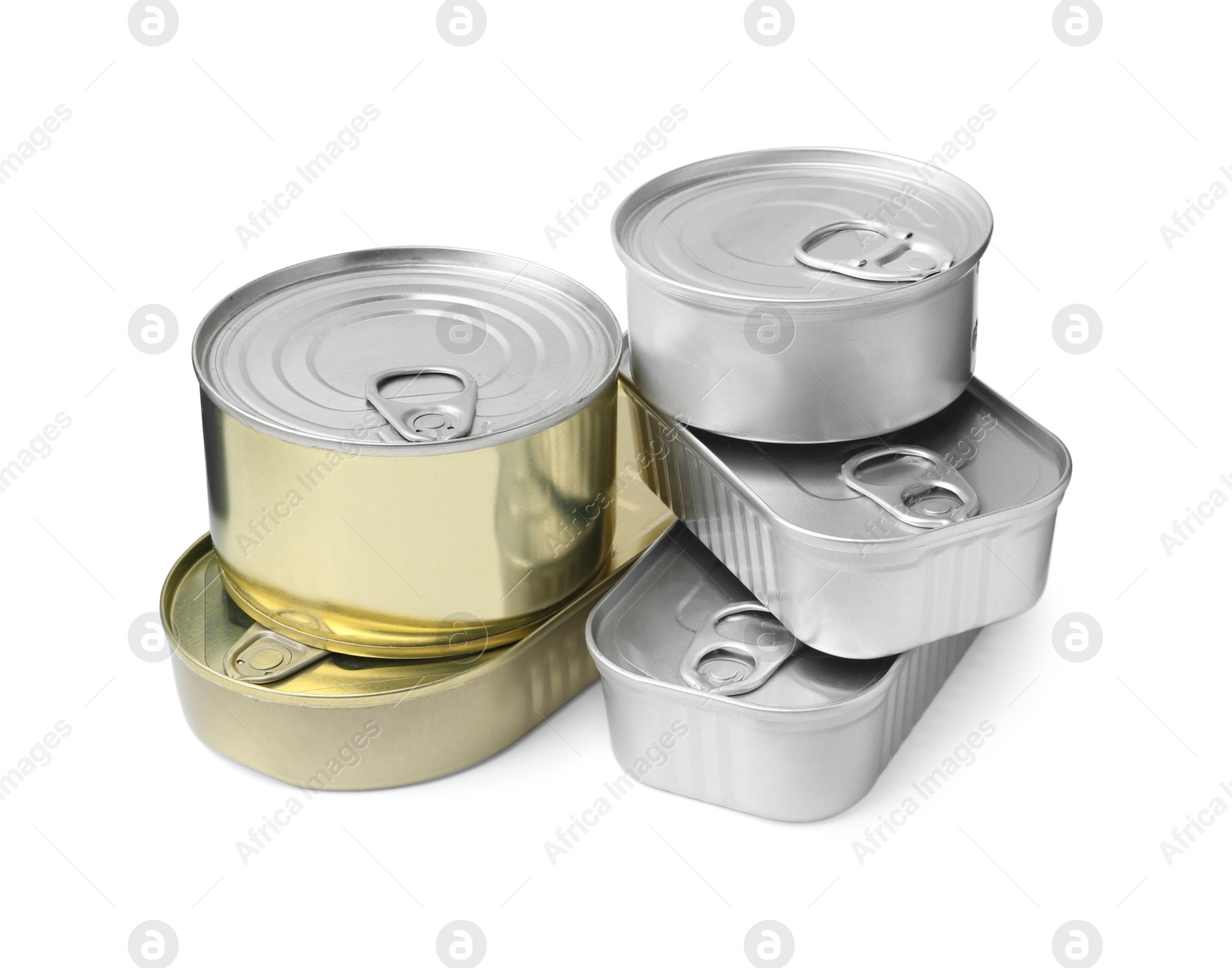 Photo of Many closed tin cans isolated on white