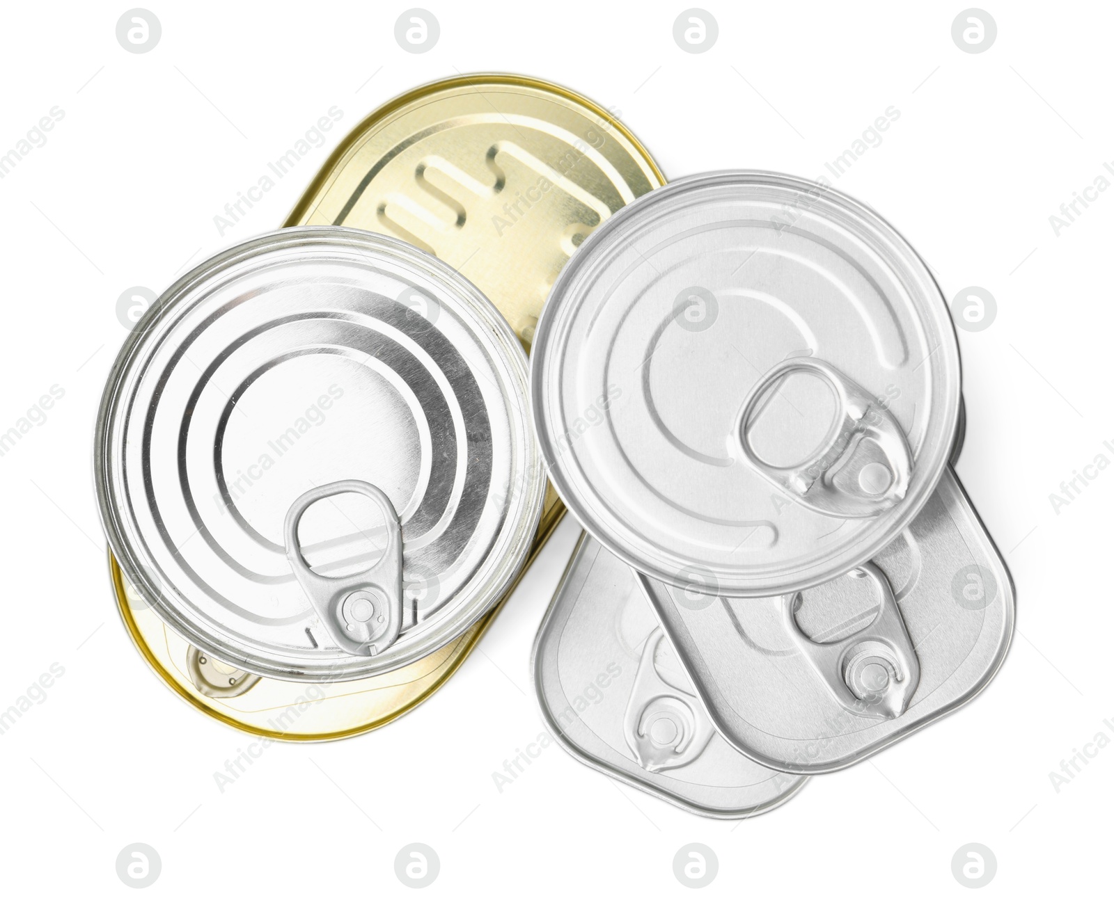 Photo of Many closed tin cans isolated on white, top view