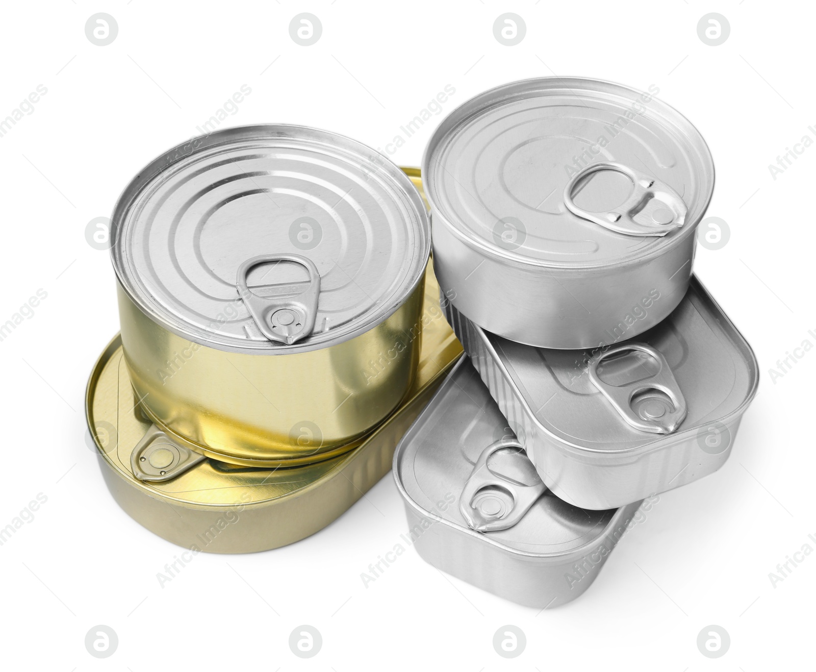 Photo of Many closed tin cans isolated on white