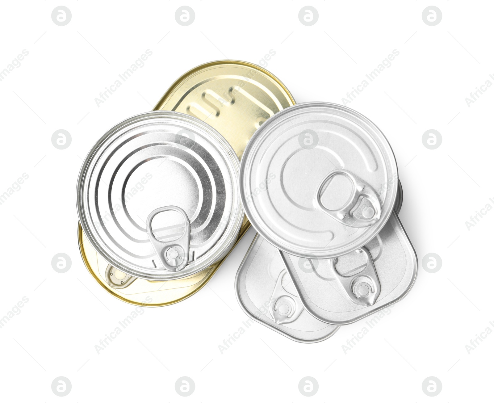 Photo of Many closed tin cans isolated on white, top view