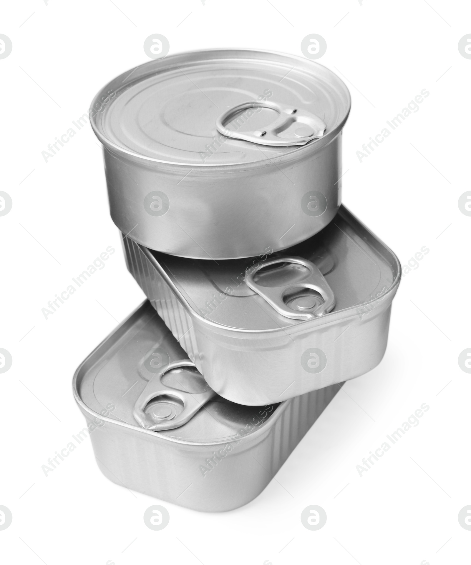 Photo of Many closed tin cans isolated on white