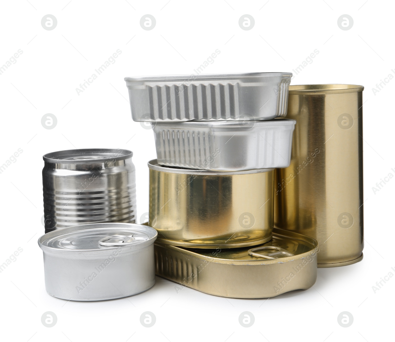 Photo of Many closed tin cans isolated on white