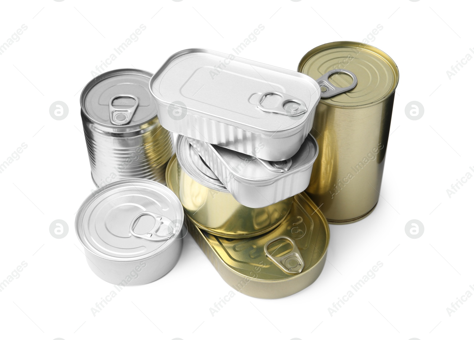 Photo of Many closed tin cans isolated on white