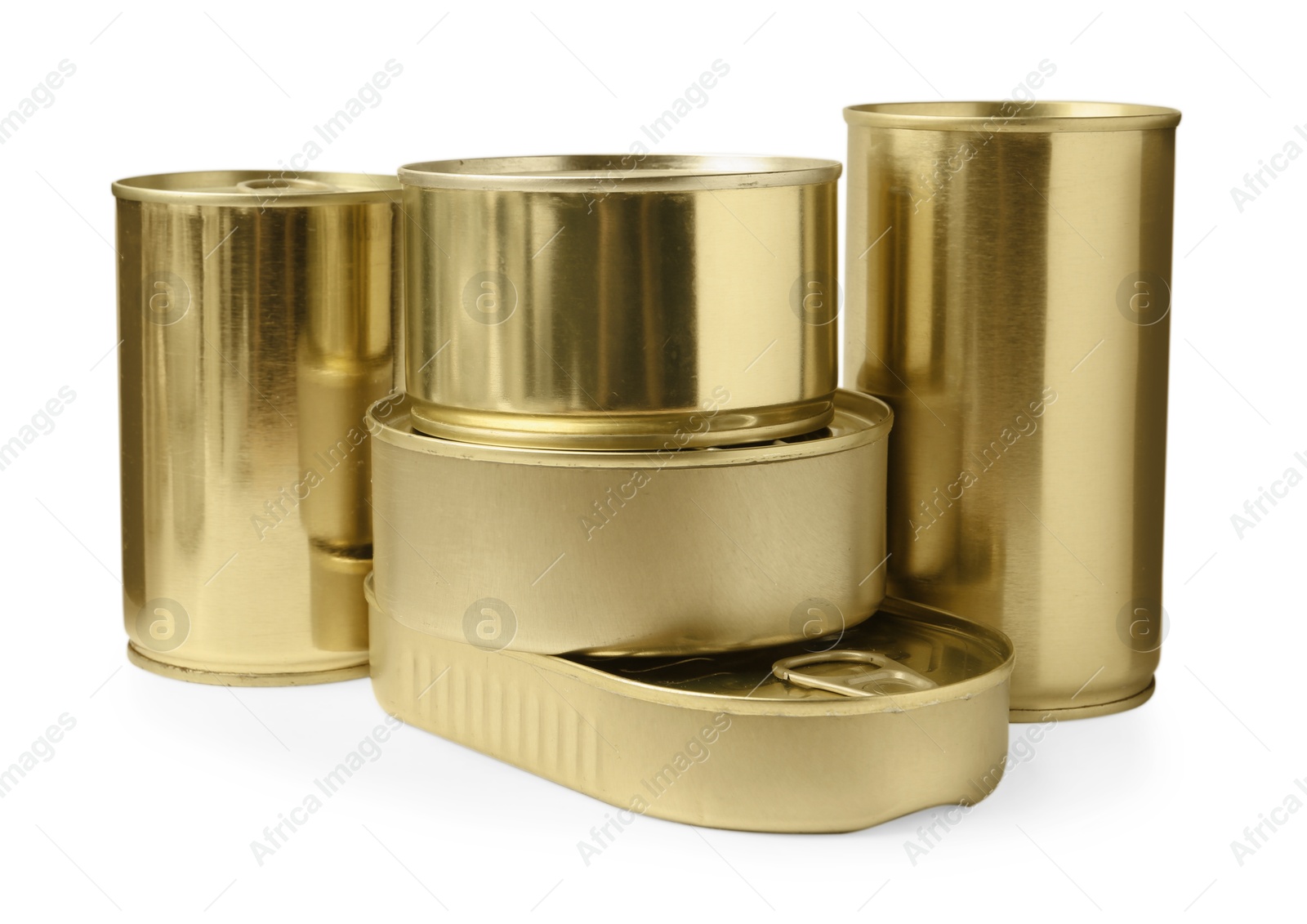 Photo of Many closed tin cans isolated on white