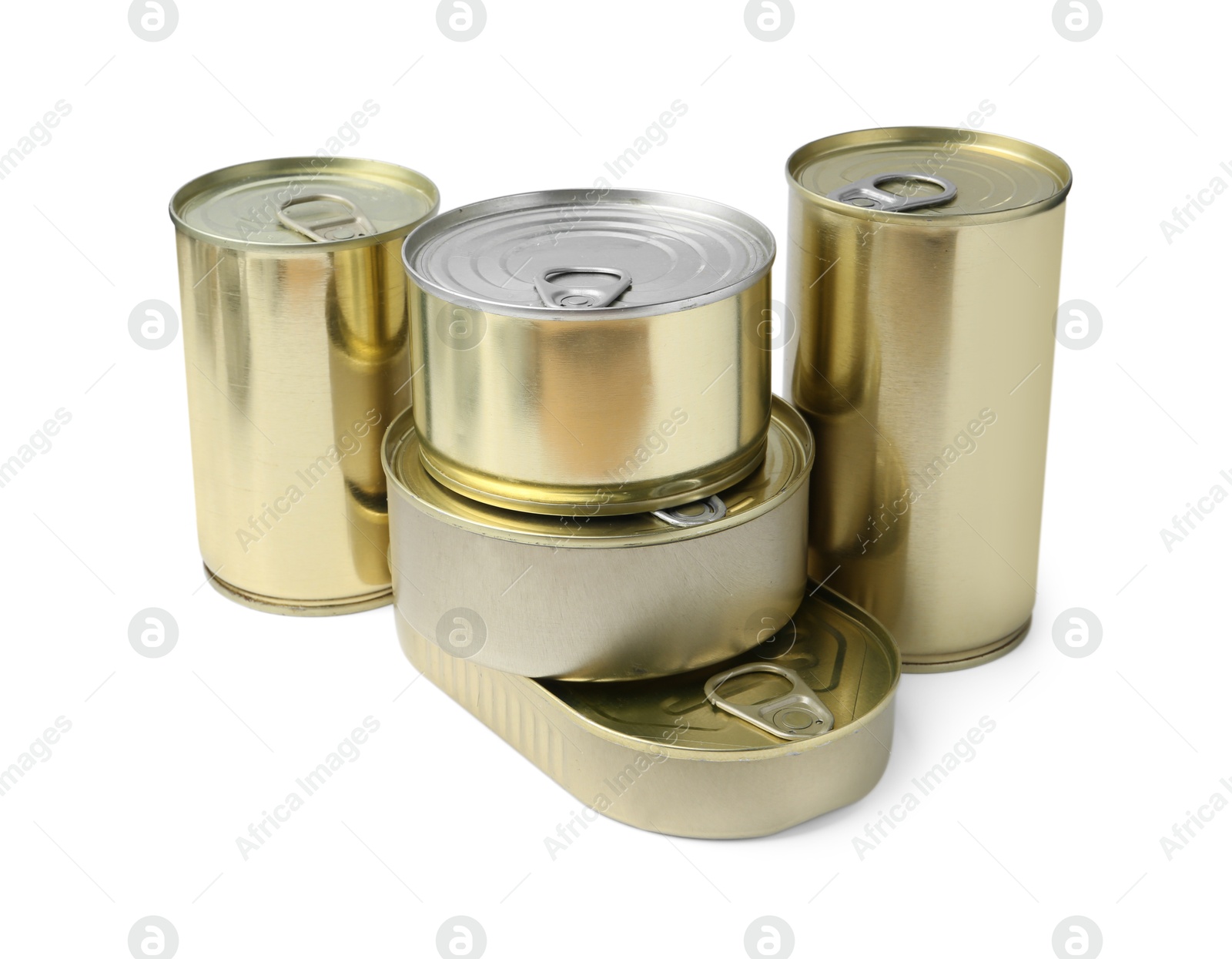 Photo of Many closed tin cans isolated on white