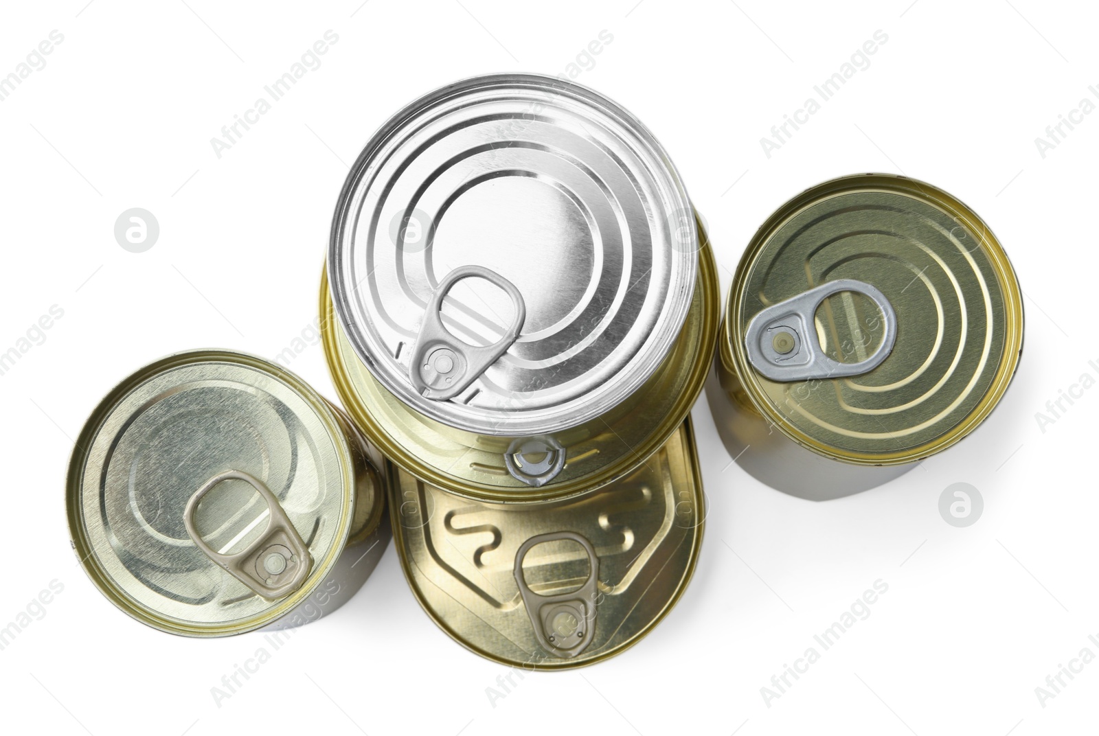 Photo of Many closed tin cans isolated on white, top view