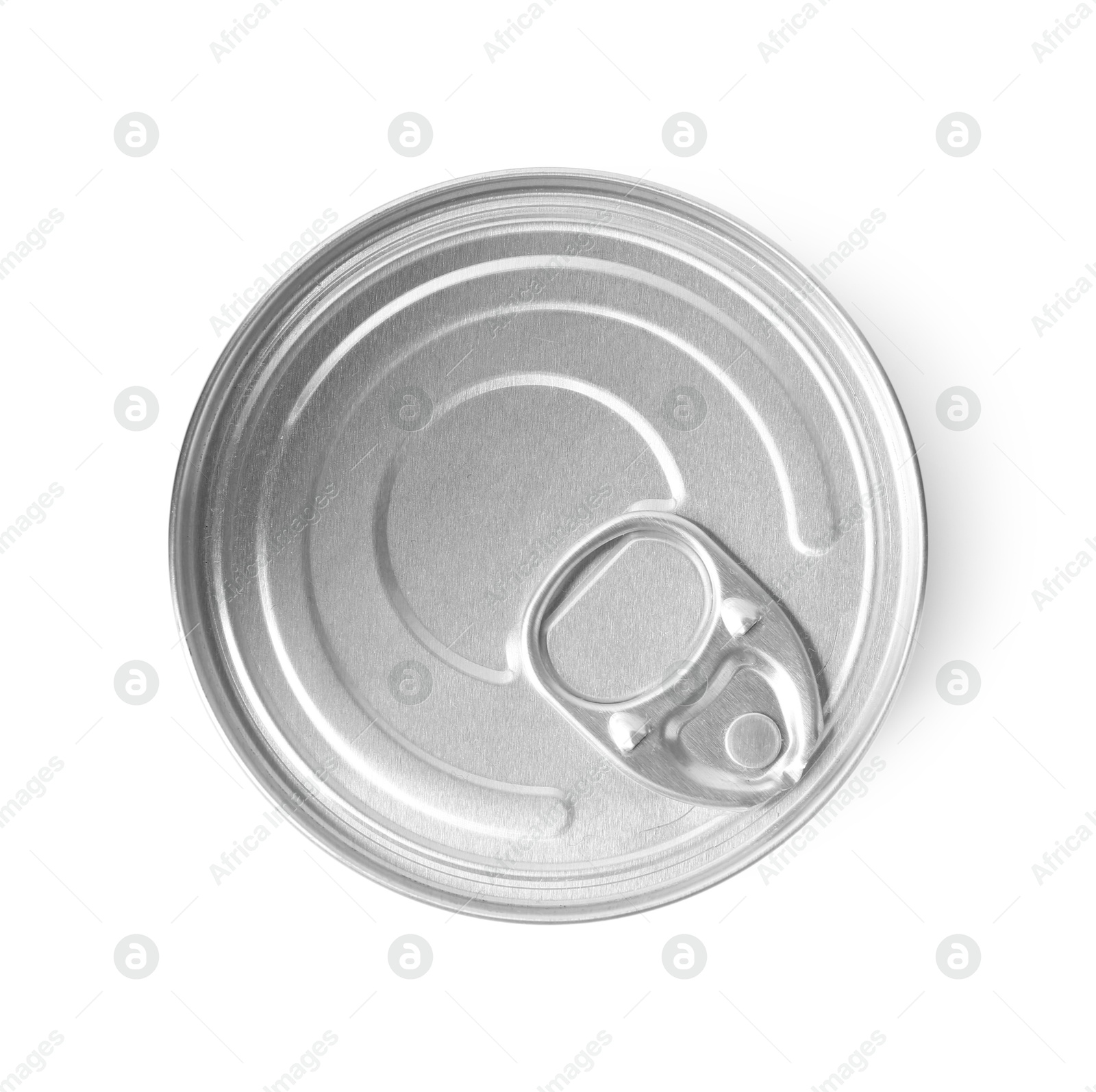 Photo of One closed tin can isolated on white, top view