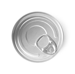 Photo of One closed tin can isolated on white, top view