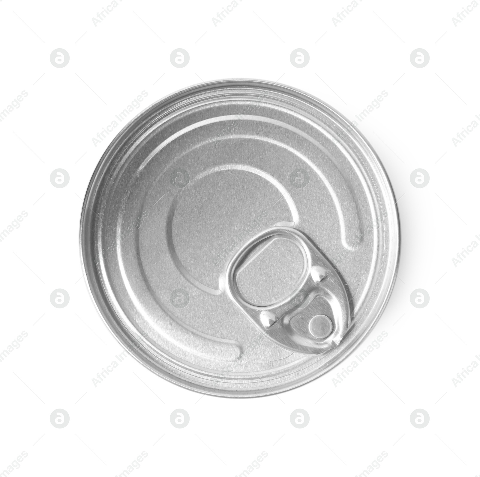 Photo of One closed tin can isolated on white, top view