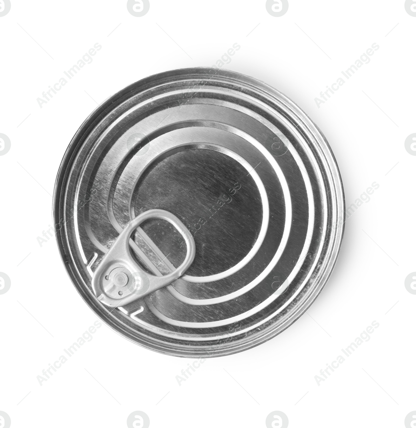 Photo of One closed tin can isolated on white, top view