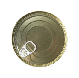 Photo of One closed tin can isolated on white, top view