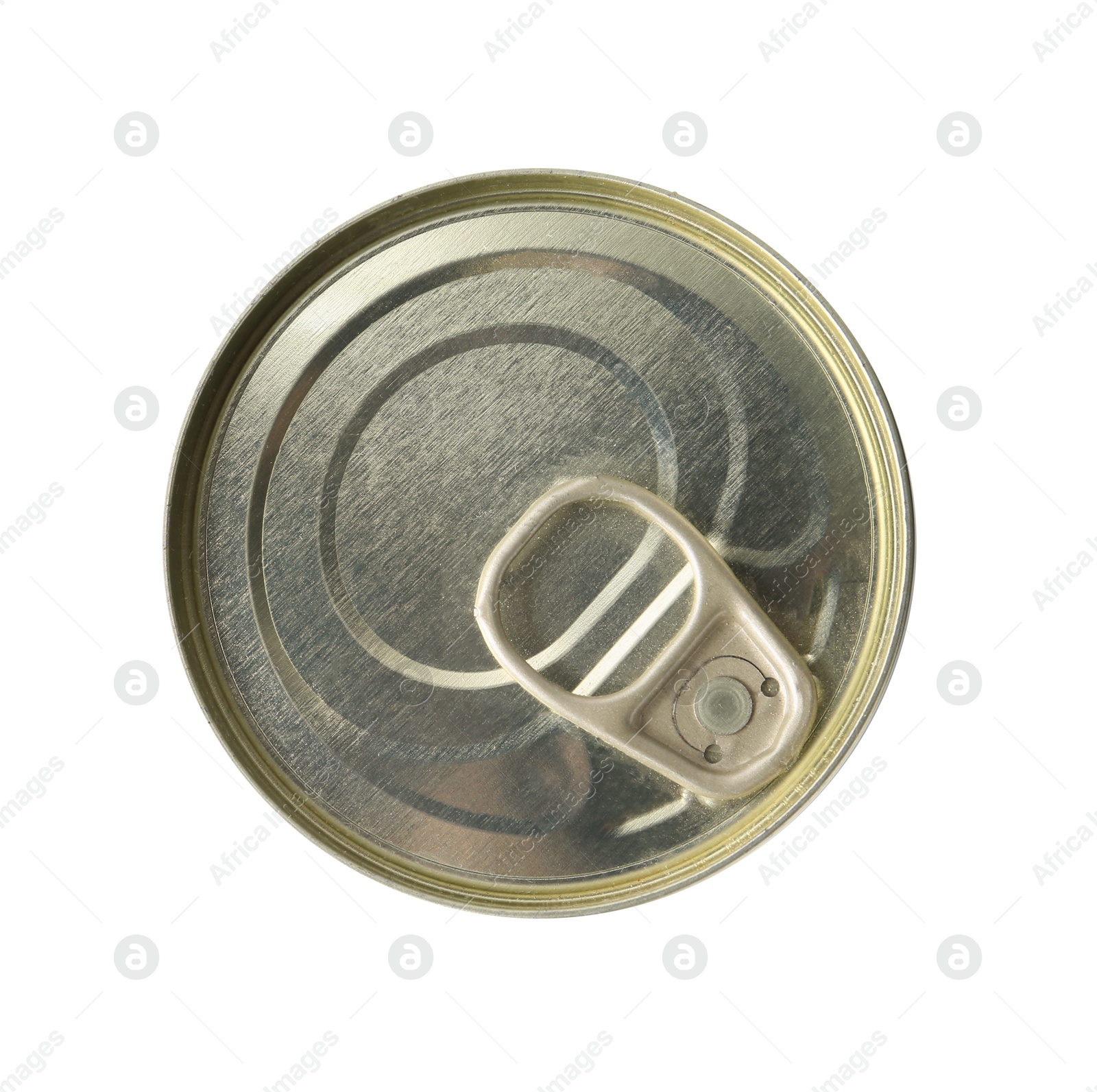 Photo of One closed tin can isolated on white, top view