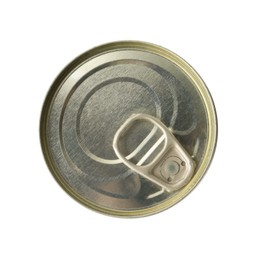 Photo of One closed tin can isolated on white, top view