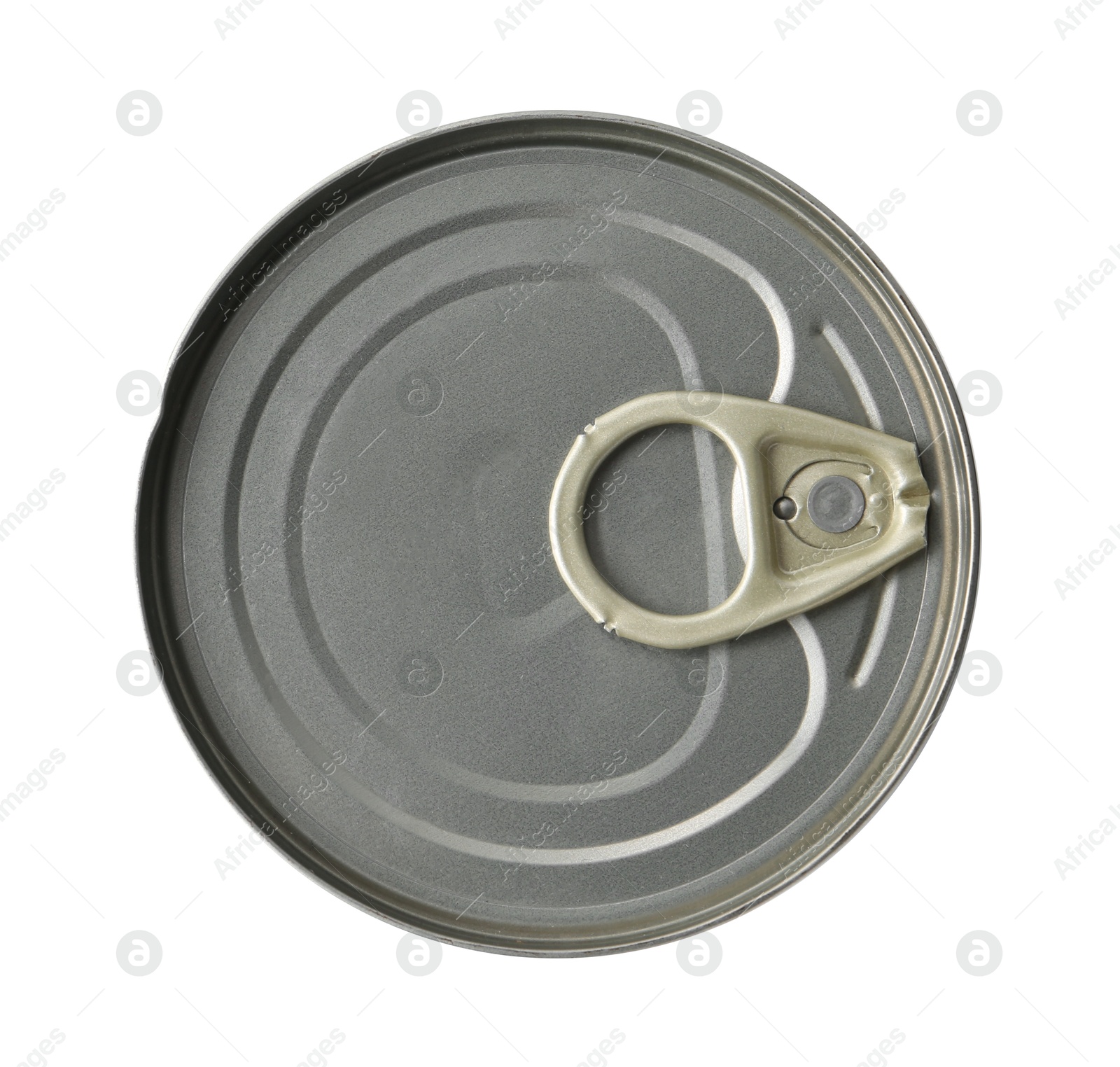 Photo of One closed tin can isolated on white, top view