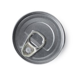 Photo of One closed tin can isolated on white, top view