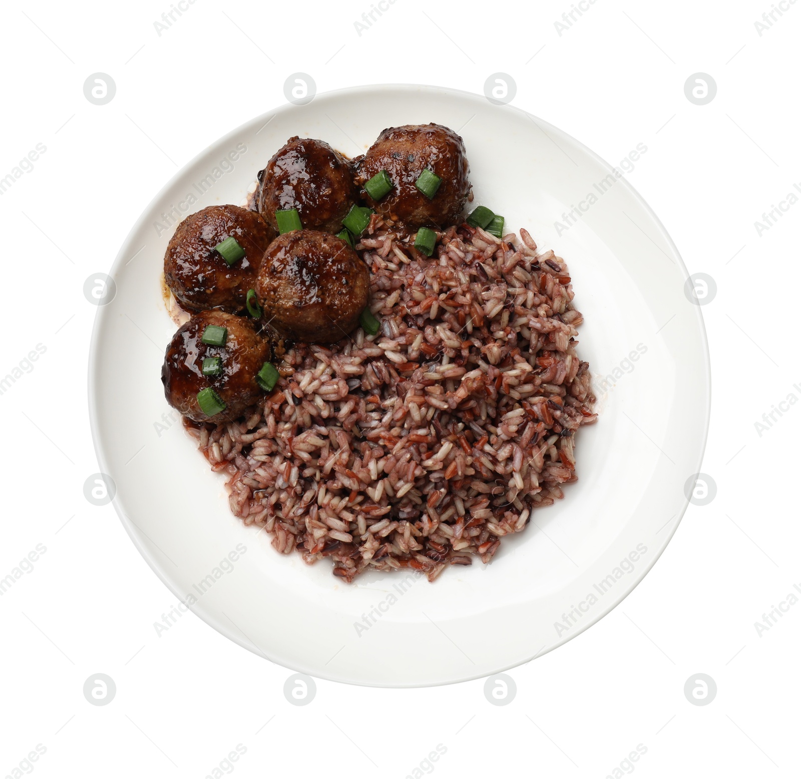 Photo of Tasty meatballs with sauce and brown rice isolated on white, top view