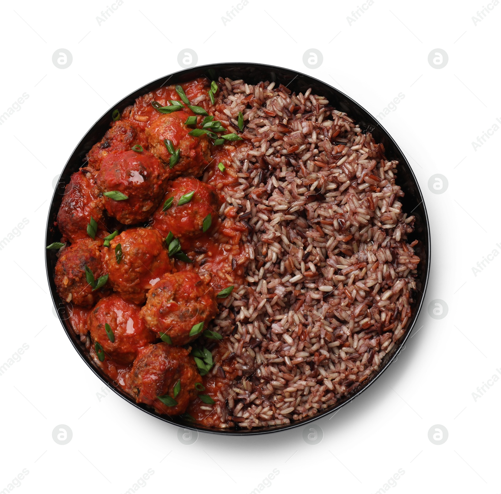 Photo of Tasty meatballs with sauce and brown rice isolated on white, top view