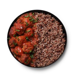 Photo of Tasty meatballs with sauce and brown rice isolated on white, top view