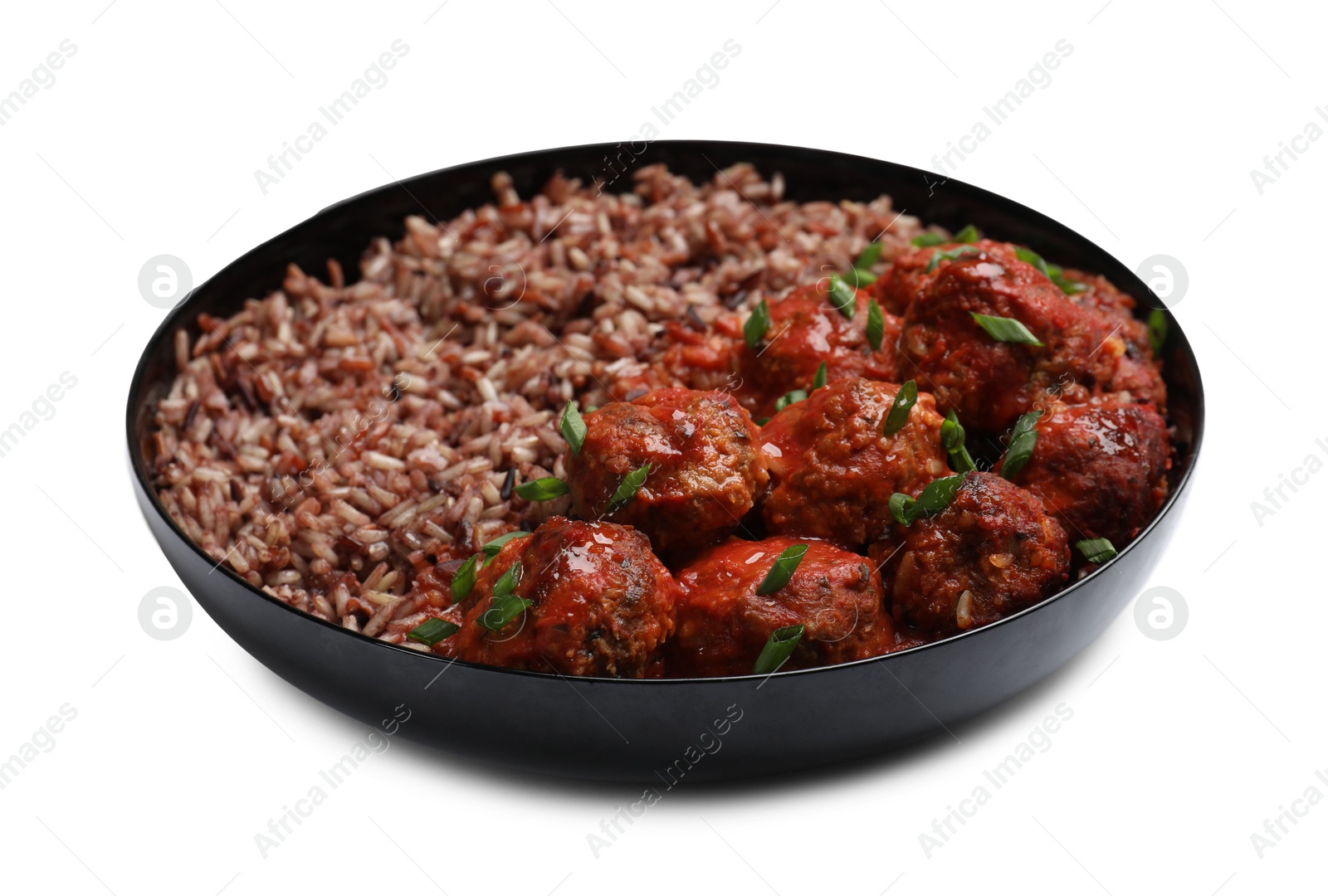 Photo of Tasty meatballs with sauce and brown rice isolated on white