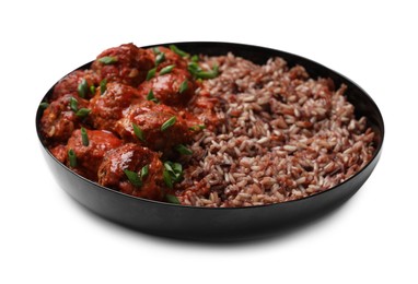 Photo of Tasty meatballs with sauce and brown rice isolated on white