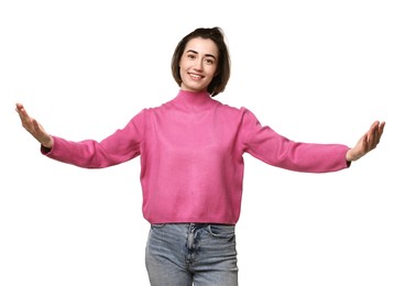 Photo of Cheerful woman welcoming friends or guests on white background