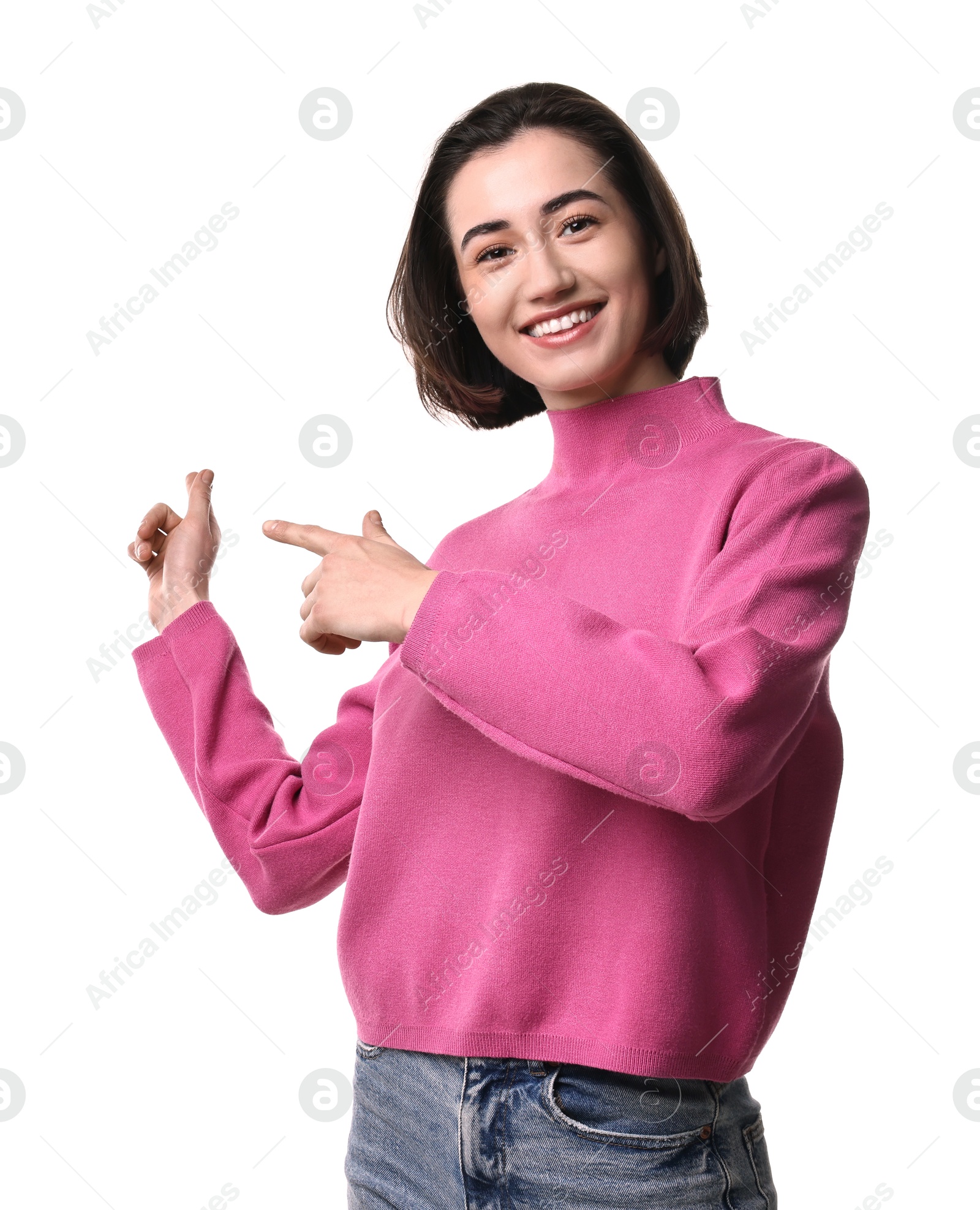 Photo of Cheerful woman welcoming friends or guests on white background