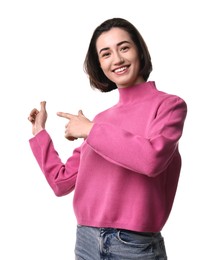 Photo of Cheerful woman welcoming friends or guests on white background